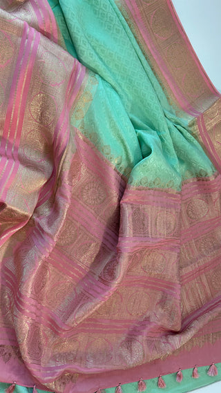Handloom Pastel’s Georgette checks  Beneras silk saree with stitched blouse  online shopping Partywear