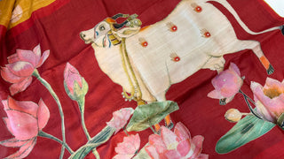 Handwoven Tussar painted pichwai one of kind print tussar silk saree  online and prestitched blouse