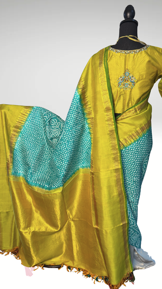 Pure Bandhej Kanjivaram pastel  turquoise Embroidered Silk Saree pure silk saree silk finish with stitched blouse Partywear pooja wear ready to ship Saree USA