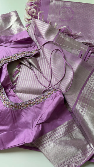 Pure Handloom Kanjivaram Pastel Lavender silk saree silver zari online stitched blouse brocade  blouse  one of a kind elegant easy drape  silk saree online shopping