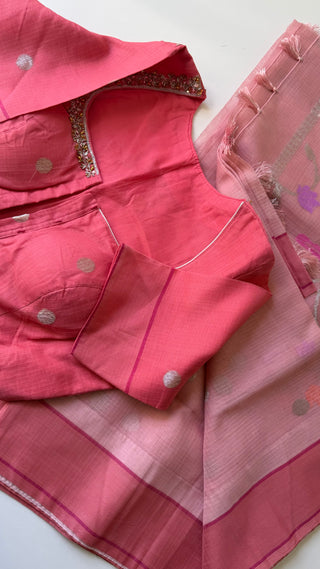 Handloom Pure zari Kota saree Pastel Pink silver zari with embroidered stitched blouse