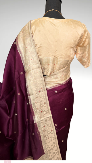 Burgundy Wine Red Handloom Banaras raw mango silk Pure Silk Saree with Gold Zari Border – Ready to Wear Online USA