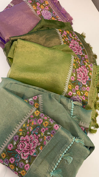 Pure Tissue Beneras pastel Green Party wear handloom handwoven pure silk saree stitched blouse saree readymade online USA