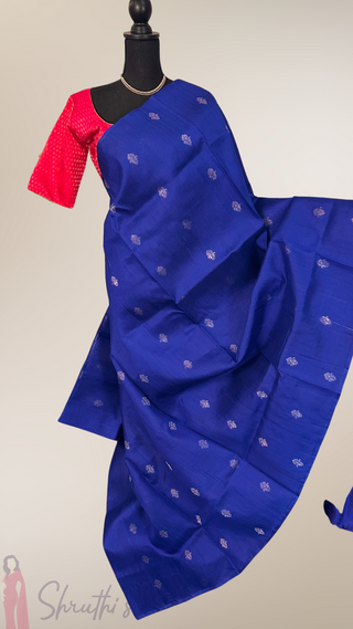 Pure Blue Raw silk saree with silver motifs  with printed blouse contrast blouse