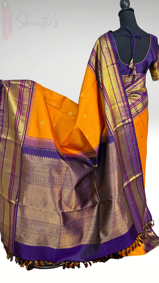 Apricot to Indigo Border Pure Kanjivaram Silk saree with stitched blouse ready to wear latest Diwali navarathri collection online USA