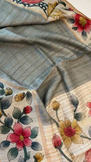 Handwoven Tussar hand painted pichwai one of kind tussar silk saree  online and stitched  blouse