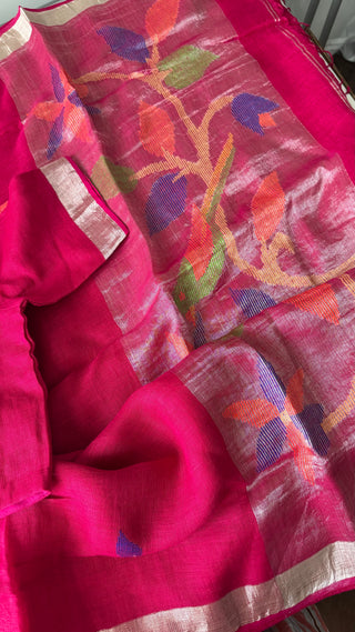Handloom pure linen saree with Jamdhani  blouse pallu ready to wear blouse ships from Dallas partywear easy drape summer weaves
