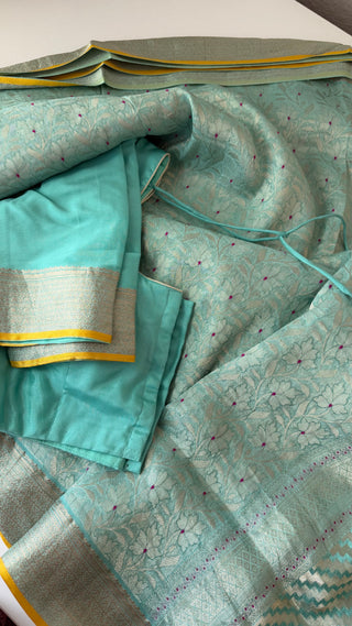 Handloom Pastel’s Georgette Brocade Beneras silk saree with stitched blouse  online shopping Partywear