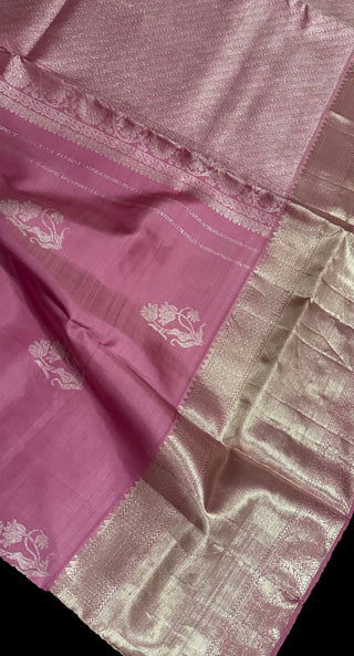 Carnation Pink kanjivaram silver zari with Embroidered stitched blouse online usa