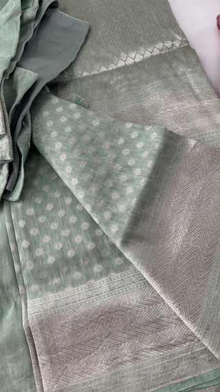 Sage Green Pastel’s Pure beneras linen silver zari pastel pink saree embroidered linen saree online usa