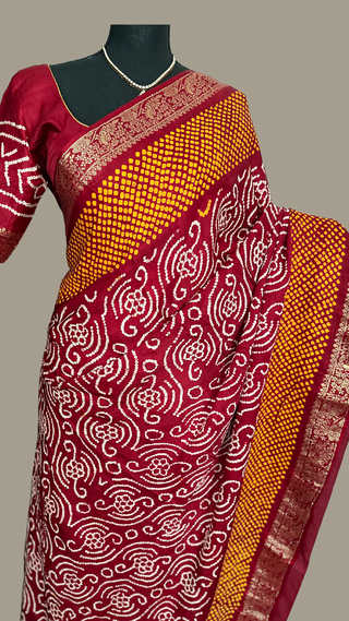 Pure silk RED handone bandhani saree online shopping with blouse and pallu