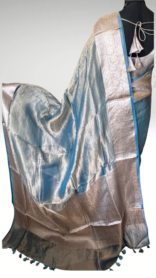 Pure Tissue Beneras pastel Ice Blue checks handwoven pure silk saree stitched blouse saree readymade online USA