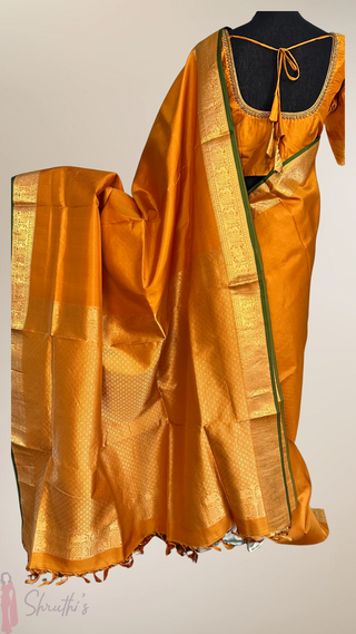 Mustard Yellow Pure Kanjivaram Handloom pure silk Muhurtam Wedding Saree with ready to wear ship Blouse Online USA