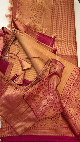 Kalyana pattu wedding gold Handloom Kanjivaram Gold Brocade Pure silk pattumuhurtam saree pure zari Kanjivaram silk saree with prestitched blouse embroidered blouse