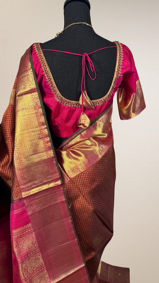 Pure Kanjivaram Handloom Brocade Light Amber silk saree pure zari  Muhurtam Wedding Saree with ready to wear ship Blouse Online USA