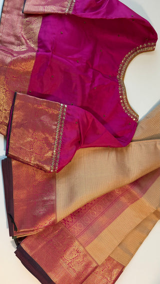 Handloom Pure kanchi Light Almond color  fine vairaoosi pure zari kanjivaram silk saree blouse and pallu indian wedding silk saree online usa