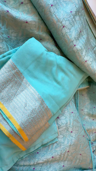 Handloom Pastel’s Georgette Brocade Beneras silk saree with stitched blouse  online shopping Partywear