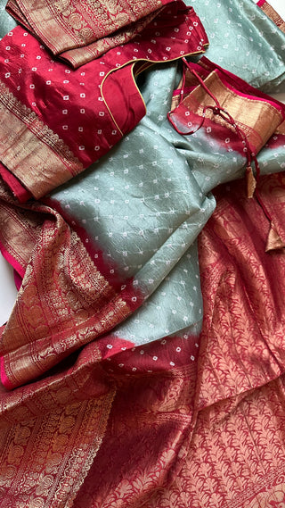 Bandhini Silk Saree zari borders Withstitched  Blouse