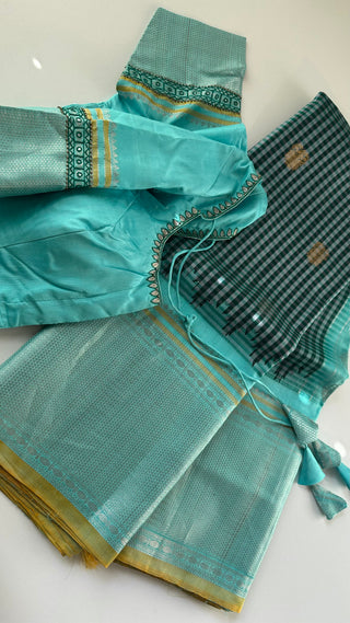 Beautiful checks Gadwal handwoven silk saree with stitched blouse online ready to ship USA