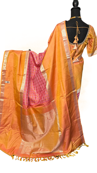 Pure HandloomKanjivaram silk pastel  saree with hand embroidered blouse