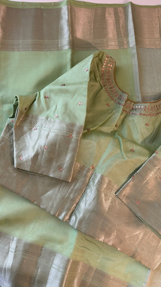 Handloom kanjivaram pastel pista green silver  zari with stitched blouse traditional kanchi pattusaree saree Indian wedding