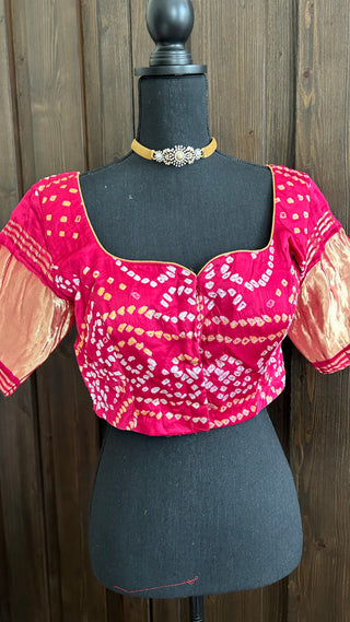 Pink Bandhani silk blouse online usa silk blouses ready to wear online shopping bandhani blouse online