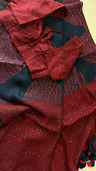 Handloom pure linen saree with sequin blouse pallu ready to wear blouse ships from Dallas partywear easy drape summer weaves