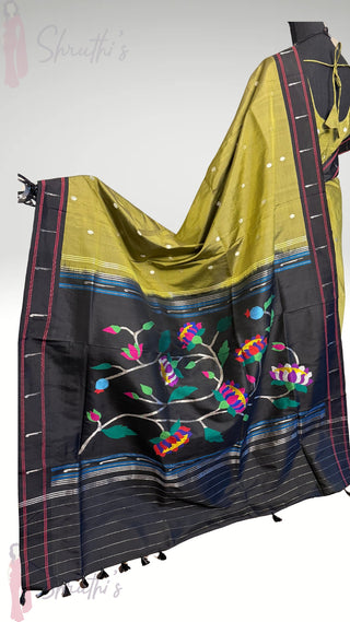 Olive green pure Handloom pure paithani silk saree online usa paithani sarees usa comes with stitched blouse
