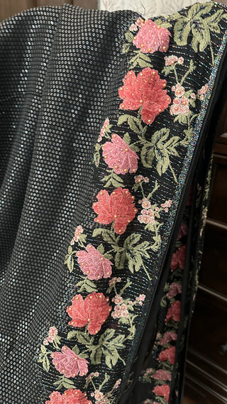 Black  Sequin georgette saree  embroidered with stitched blouses