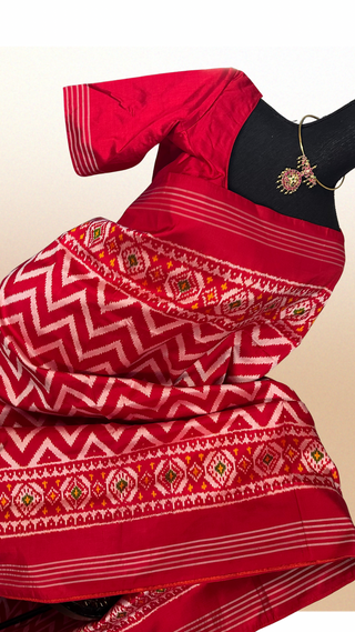 Red ikat Silk Saree pure silk saree silk finish with stitched blouse Partywear pooja wear ready to ship Saree USA