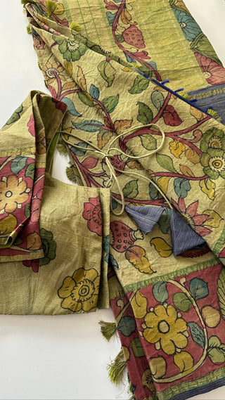 Pure pen kalamkari green pure kanchi pattu saree  yellow pen kalamkari saree with blouse online usa