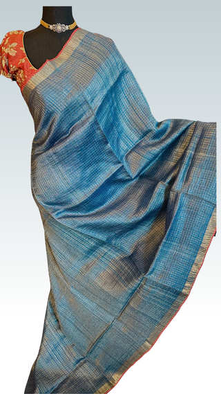 Handloom Tussar silk saree azure blue checks gold zari silk with embroidered  silk stitched blouses Partywear Indian saree usa