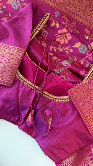 Magenta  Pure katan Benerasi silk saree with stitched  embroidered blouse online shopping usa