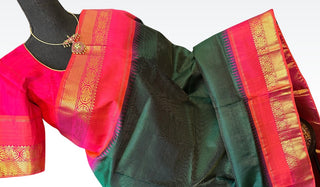Bottle Green Pink double shade gold checks oosi kanchi pattu saree fine weave kanchi pattu bridal