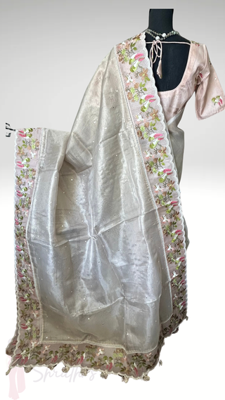 Pure Tissue zari kota gold embroidery handwoven pure silk saree stitched blouse saree readymade online USA