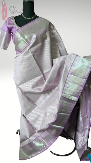 Pure Handloom Kanjivaram Pastel Lavender silk saree silver zari online stitched blouse brocade  blouse  one of a kind elegant easy drape  silk saree online shopping