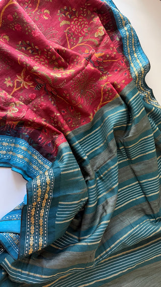 Handloom vidharbha tussar pichwai print tussar silk saree  online and prestitched blouse
