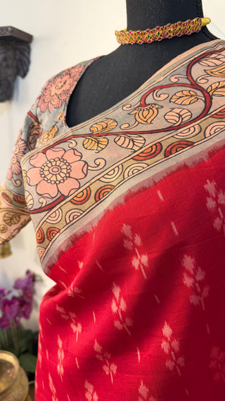 Pure pen kalamkari pure Handloom ikat silk pattu saree  Red pen kalamkari saree with blouse online usa Hand painted