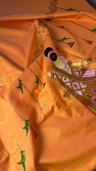 Tanjore Hand painted saree peach Kanchi pattu yellow saree with gold pallu easy drape pure silk saree usa