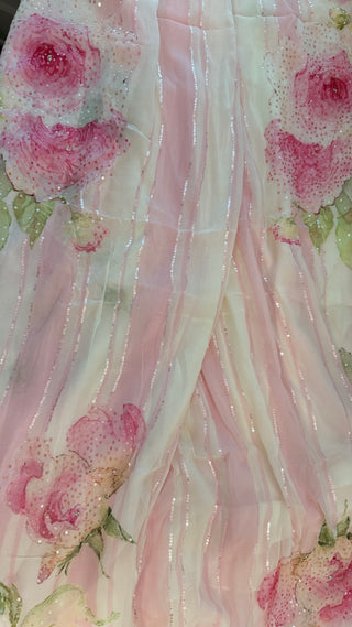 Pink  Sequin floral Partywear georgette saree digital print with prestitched blouses