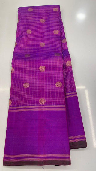 Traditional Kanjivaram Deep Magenta muthu kattan fine checks vintage Pure Silk Kanjivaram Pattu – Old World Charm with Stitched Blouse | Ready to Wear Pure Silk Saree for Women – Indian Bridal Online USA