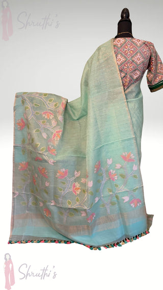Pure Pastel Blue Jamdhani kora silk  Handloom embroidered pallu silk saree silk saree pallu Partywear Diwali online shopping with hand patola double ply embroidered   blouse