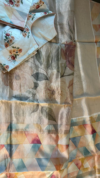 Premium cream tissue silk saree with rose pattern and pastel highlights