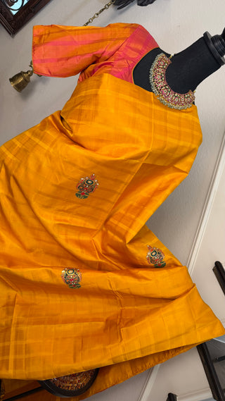 Traditional Tanjore painting artwork on bridal kanjivaram pure silk saree