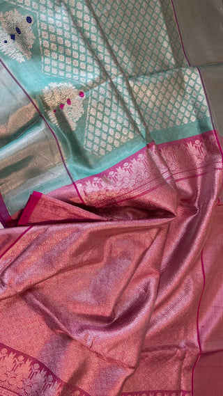 Pure handwoven Venkatagiri tissue saree in silver zari with ready-to-wear blouse