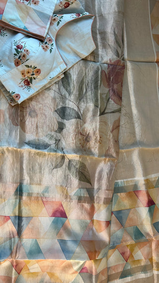 Lightweight cream tissue silk saree with pink rose print and geometric edge