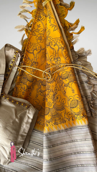 Bridal silk saree in Kalamkari design with readymade blouse, handmade and hand-painted.