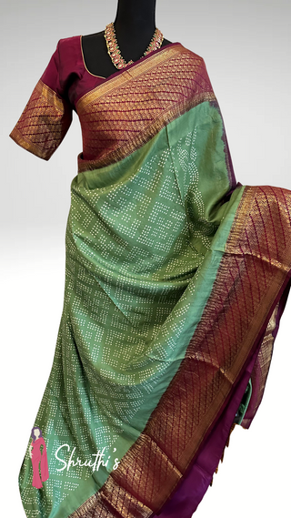 Unique Bandhani silk saree with Kanjivaram temple borders.