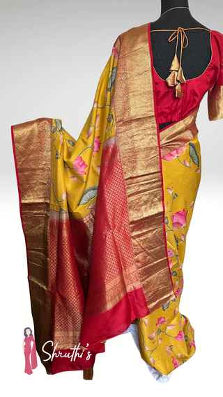 Traditional Indian saree in pure soft silk with artistic Pichwai patterns