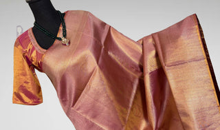 Kanjivaram rose gold silk saree bridal with prestitched hand embroidered blouse jyothika saree
